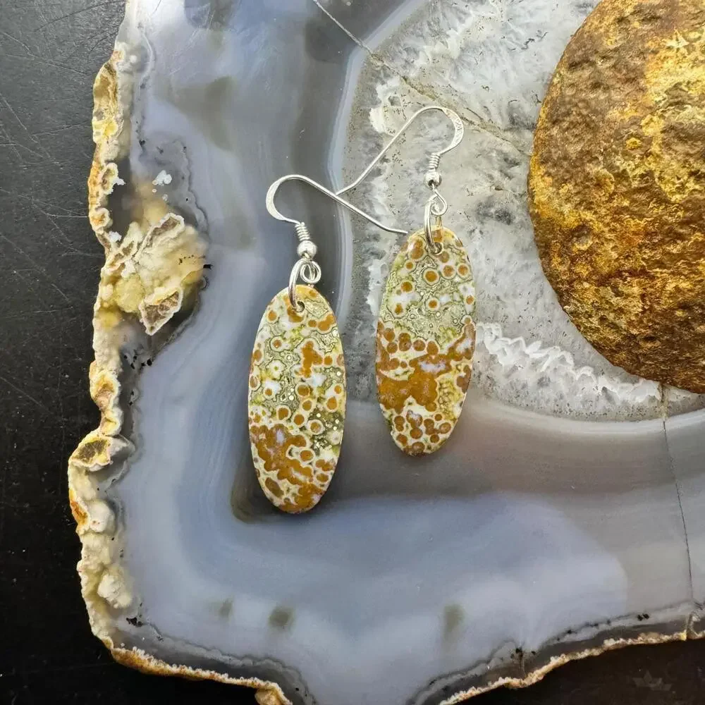 Sterling Silver Elongated Oval River Jasper Slab Dangle Earrings For Women #352